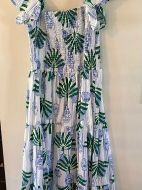 White Maxi Dress with Blue Pottery Print and Green Palm Motif